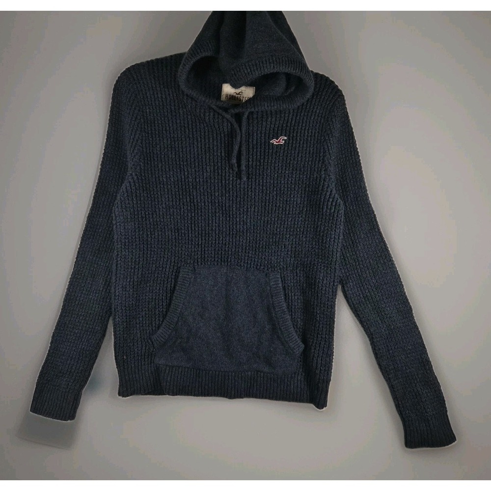 2000s Y2k Hollister Men's Small Blue Chunky Knit Hooded Sweater Pullover